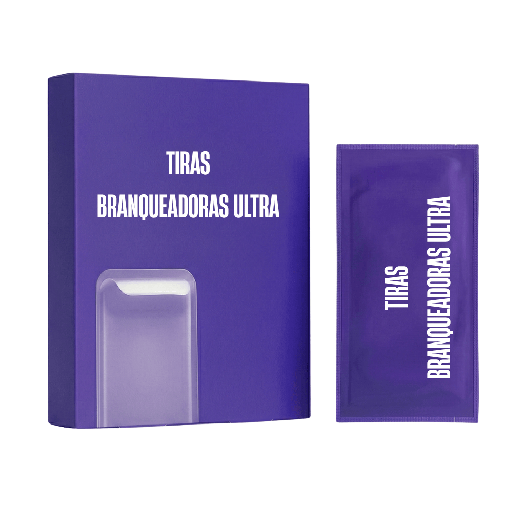 Embalagem de Tiras branqueadoras ultra, mostrando tiras brancas para um sorriso mais brilhante.