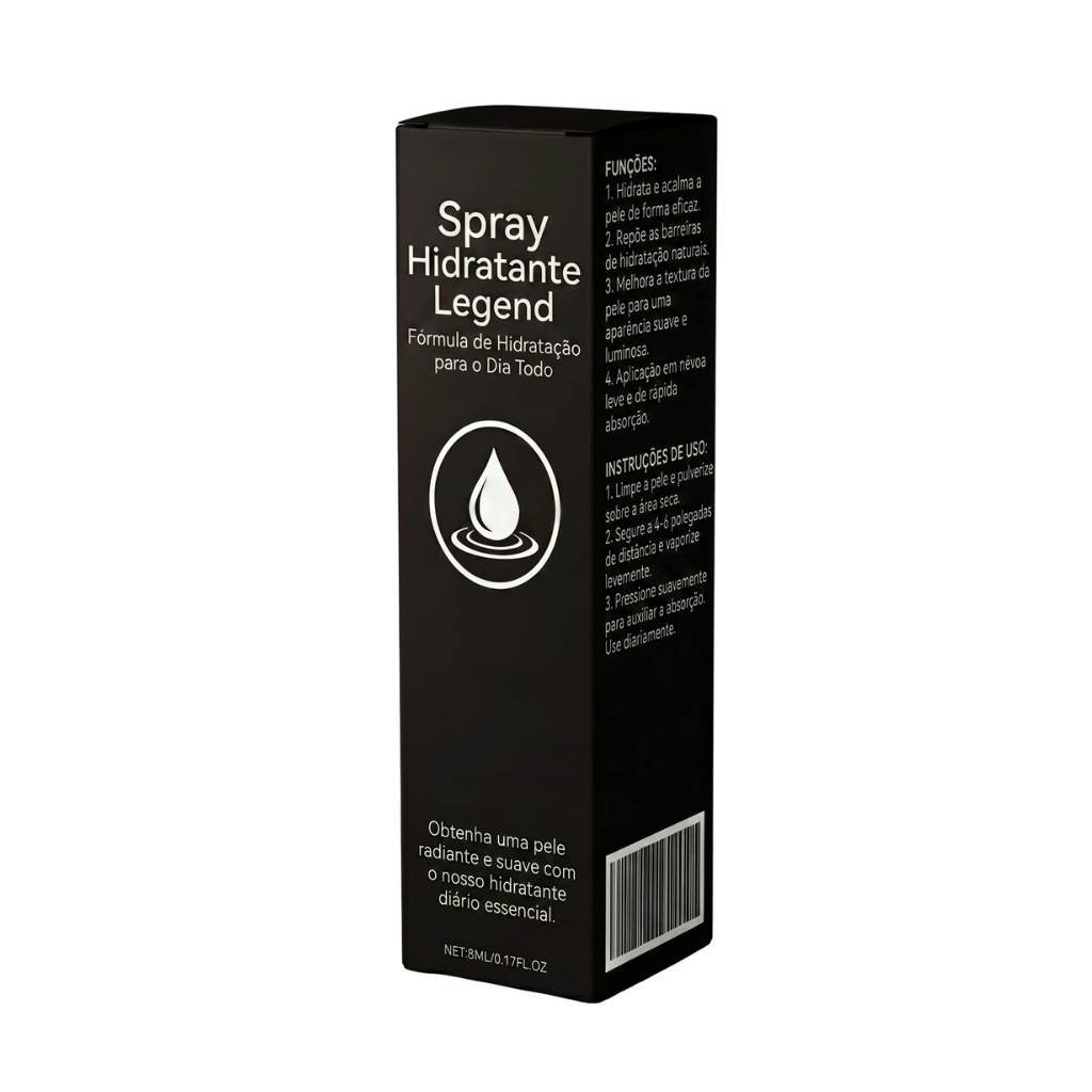 Spray Hidratante Legend embalagem destacando suas funções e benefícios para a hidratação da pele.
