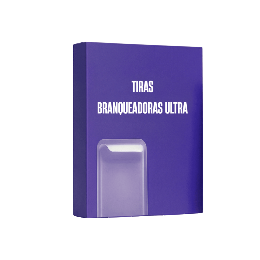 Embalagem de Tiras branqueadoras ultra, solução de cuidado oral para um sorriso mais brilhante.