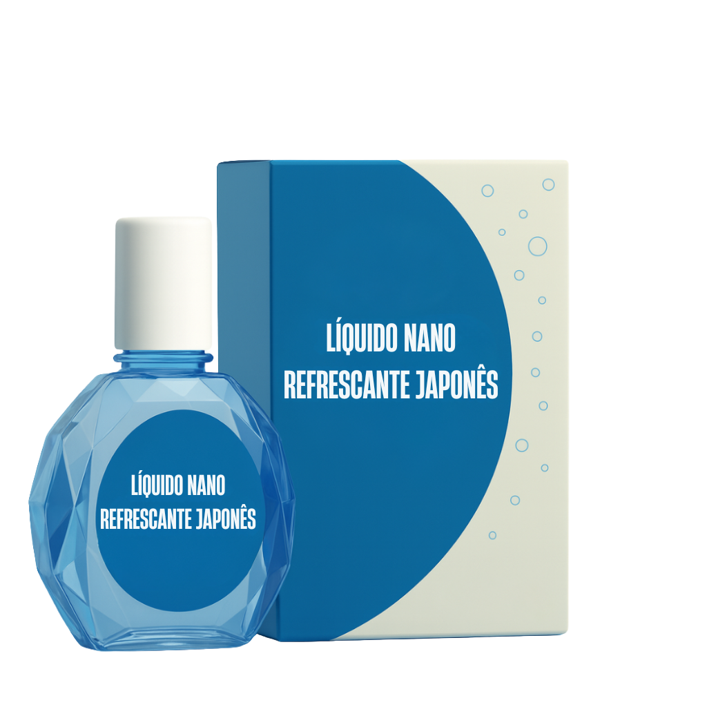 Líquido Nano Refrescante Japonês em embalagem azul, ideal para uma pele uniforme e fresca.
