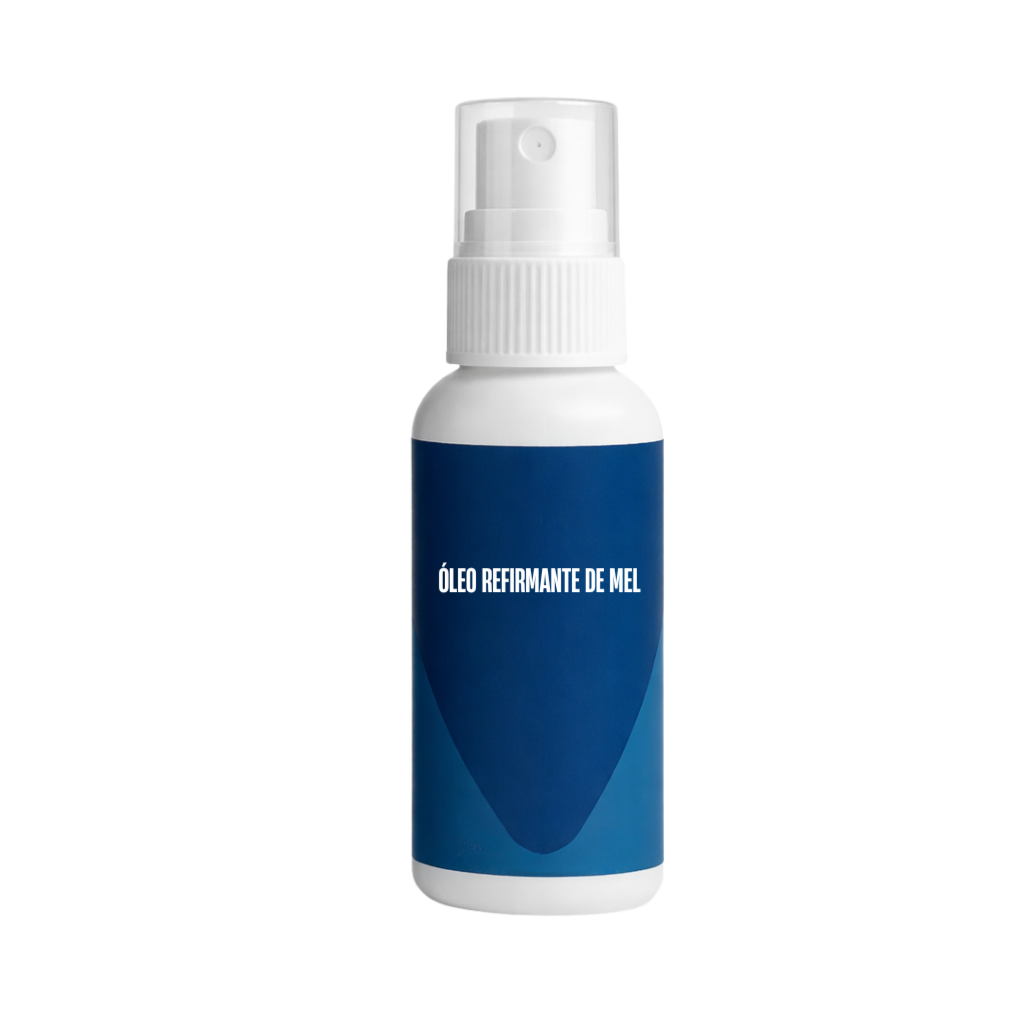 Spray para cuidados com a pele em frasco de óleo refirmante de mel, ideal para hidratação e cuidados diários.