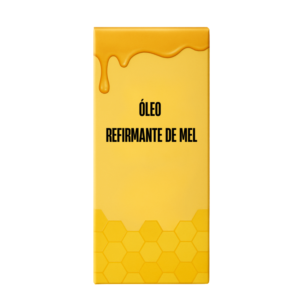 Óleo Refirmante de Mel embalagem com design amarelo e gotas de mel, ideal para cuidados com a pele.