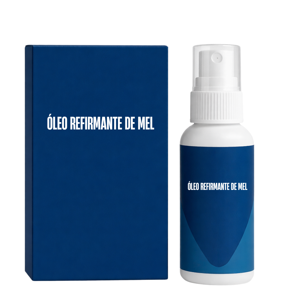 Spray para cuidados com a pele em embalagem azul, Óleo Refirmante de Mel.