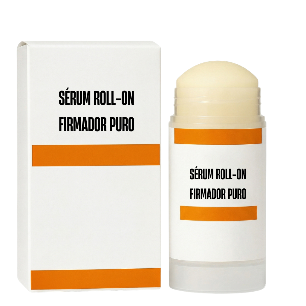 Sérum Roll-on Firmador Puro em embalagem elegante, ideal para cuidados diários da pele.