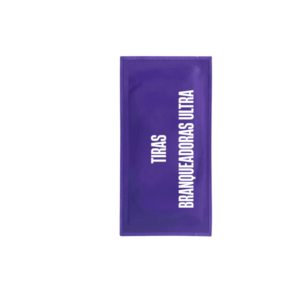 Embalagem das Tiras branqueadoras ultra para um sorriso mais brilhante e cuidado.