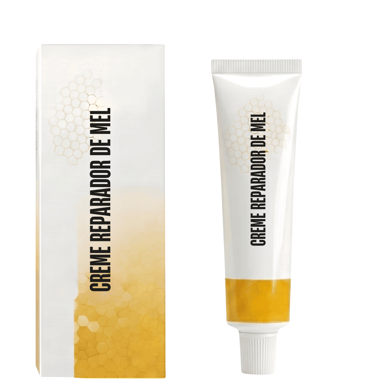 Creme reparador de mel de luxo em embalagem com textura sedosa para cuidados faciais diários.