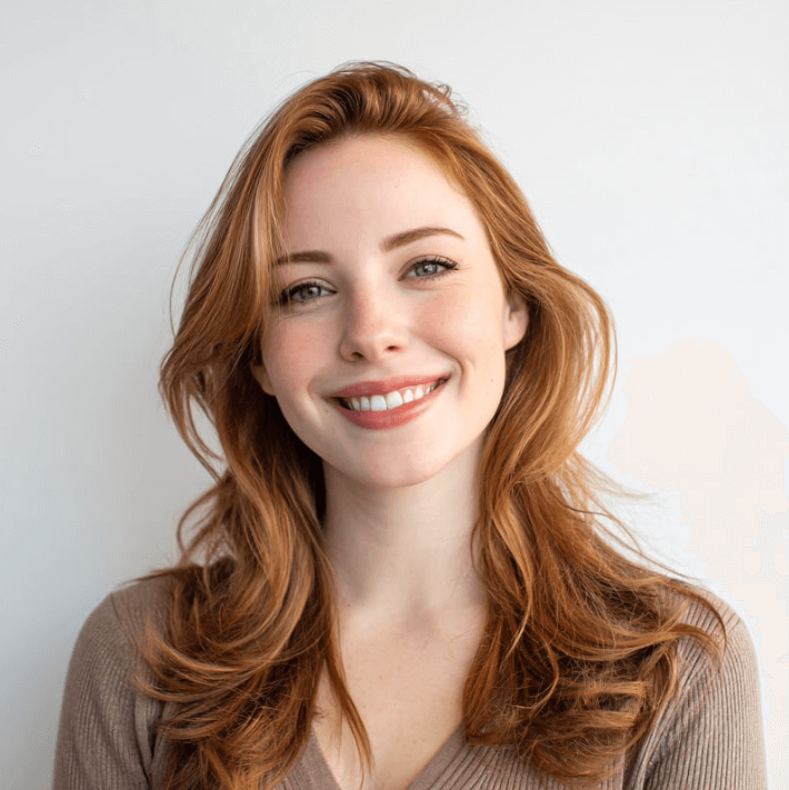 Mulher com cabelo ruivo sorrindo, expressando alegria e confiança.