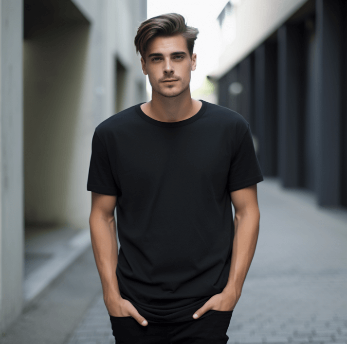 Modelo masculino usando camiseta preta em um ambiente urbano moderno.