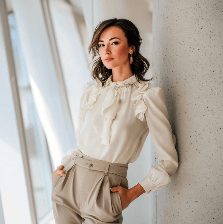 Modelo elegante em blusa branca com detalhes em volume e calças claras, posando contra uma parede moderna.