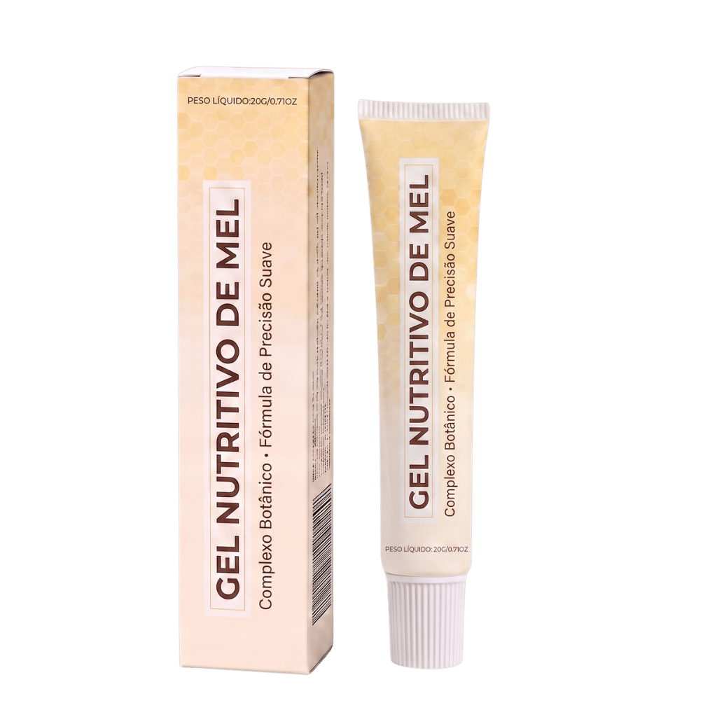 Gel Nutritivo de Mel com embalagem e tubo, ideal para cuidados diários da pele com textura leve e nutritiva.