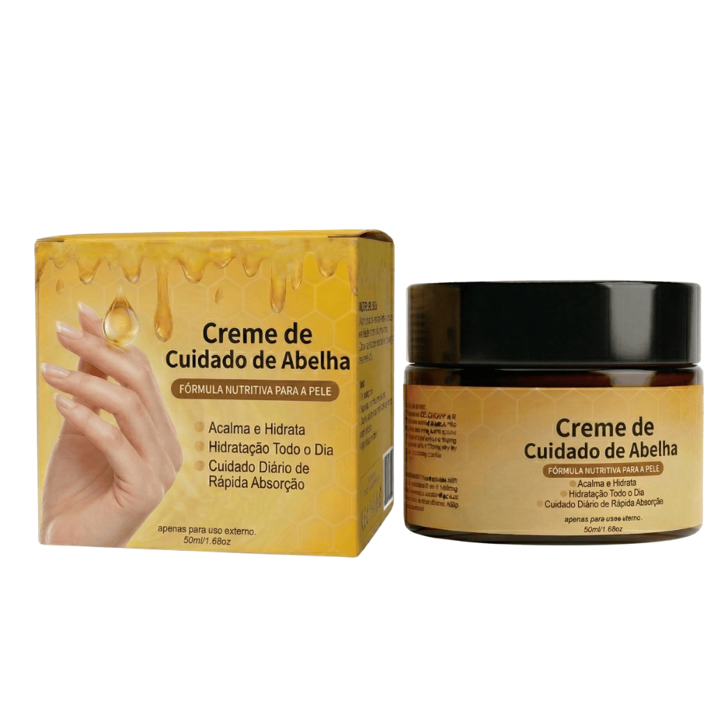 Creme para cuidado das abelhas com embalagem e textura suave para pele, ideal para hidratação e cuidado diário.