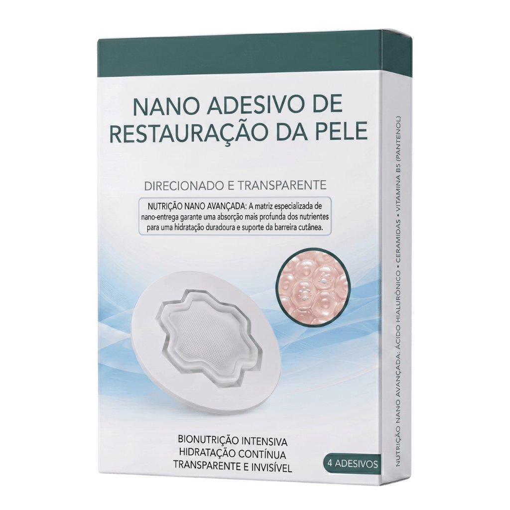 Adesivo Nano Restaurador da Pele, produto de cuidados com a pele, embalagem com adesivos nutritivos e transparentes.