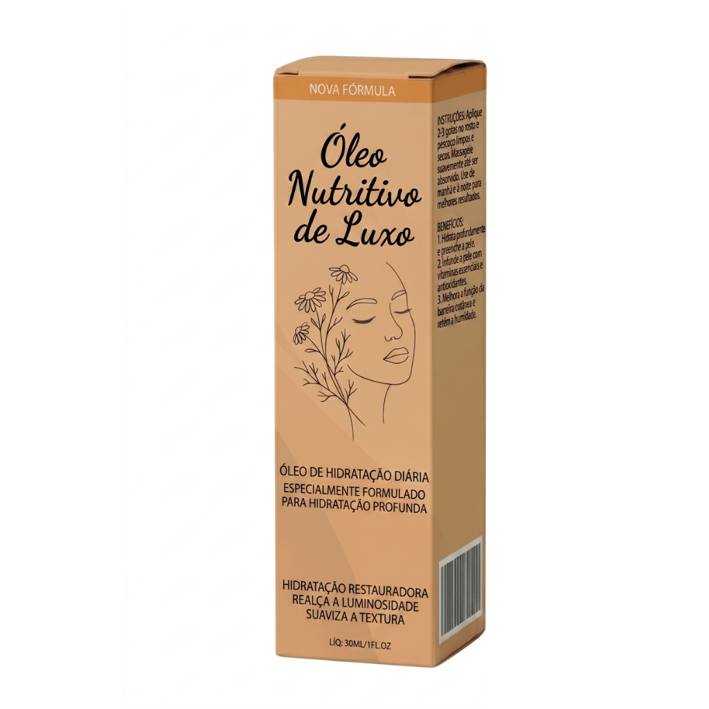 Óleo Nutritivo de Luxo embalagem, óleo de beleza nutritivo para pele saudável e hidratada.