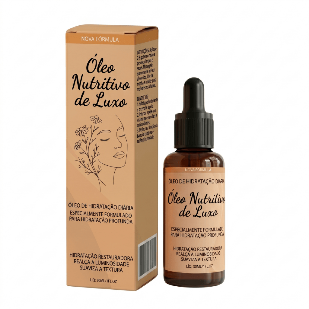 Óleo Nutritivo de Luxo em garrafa com conta-gotas e embalagem, promovendo hidratação profunda para a pele.
