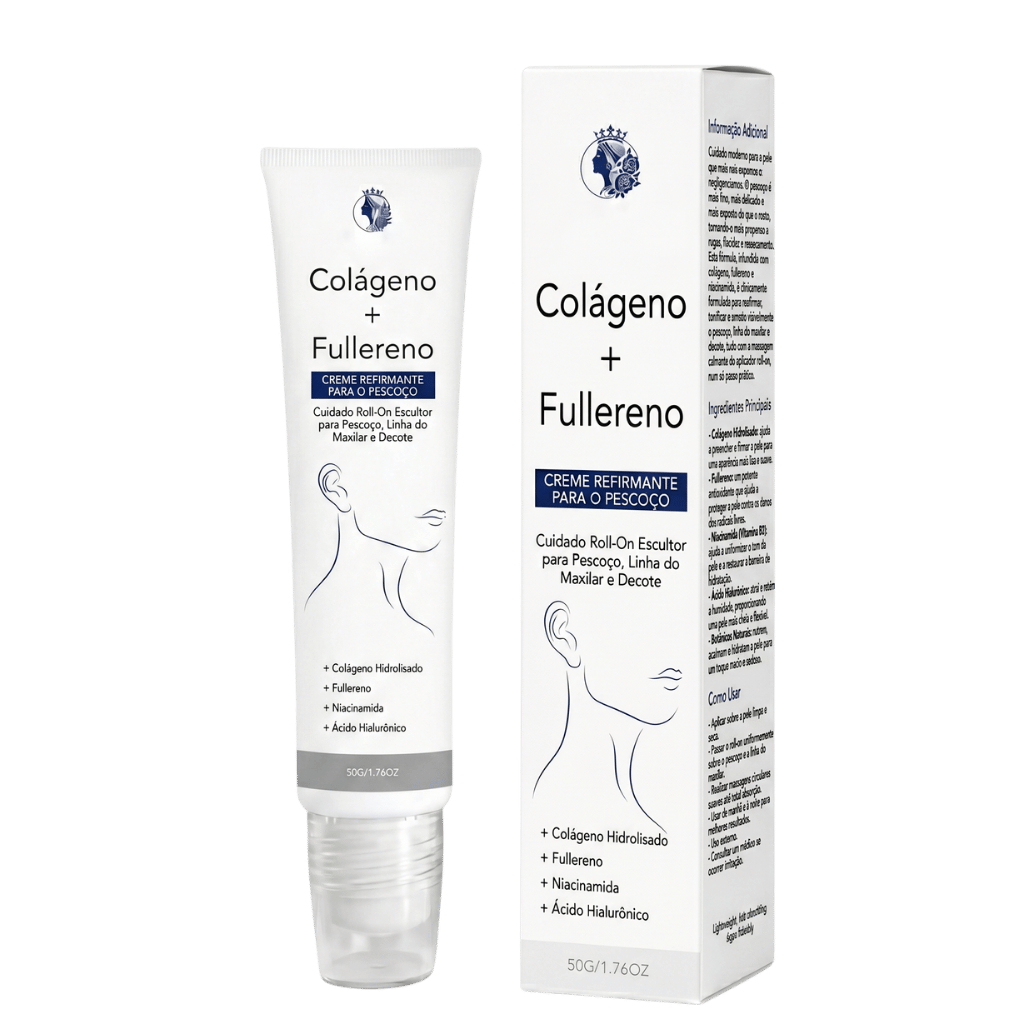 Creme de Pescoço Refirmante de Luxo em embalagem com colágeno e fullerene para cuidados do pescoço.