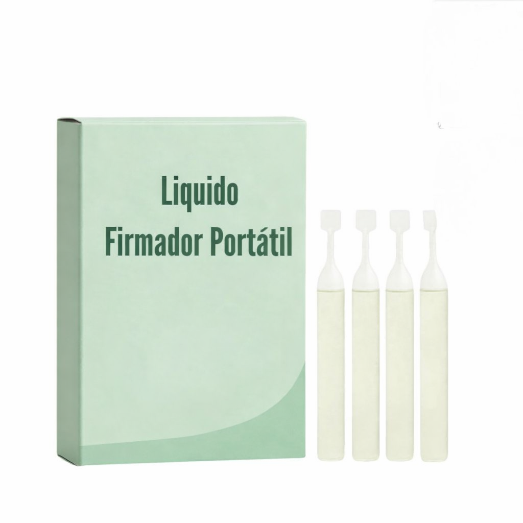 Líquido Firmador Portátil em embalagem com frascos, ideal para cuidados diários com a pele.