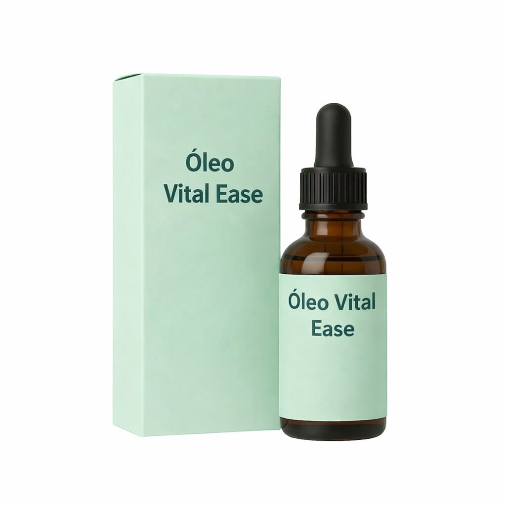 Frasco de Óleo Vital Ease com embalagem, essencial para cuidados de pele, leve e fácil de usar.