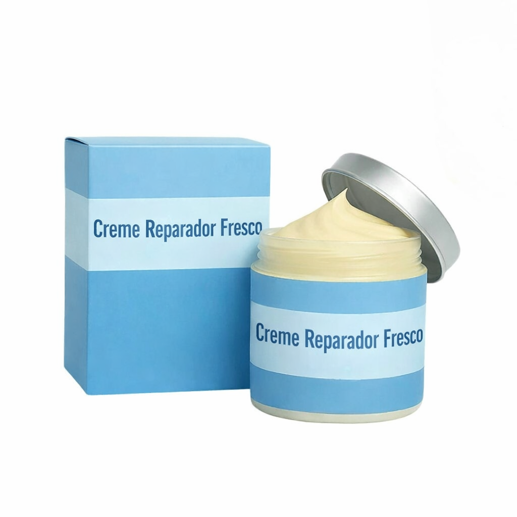 Creme Reparador Fresco em embalagem azul e pote, creme leve para pele sedosa e bem cuidada.