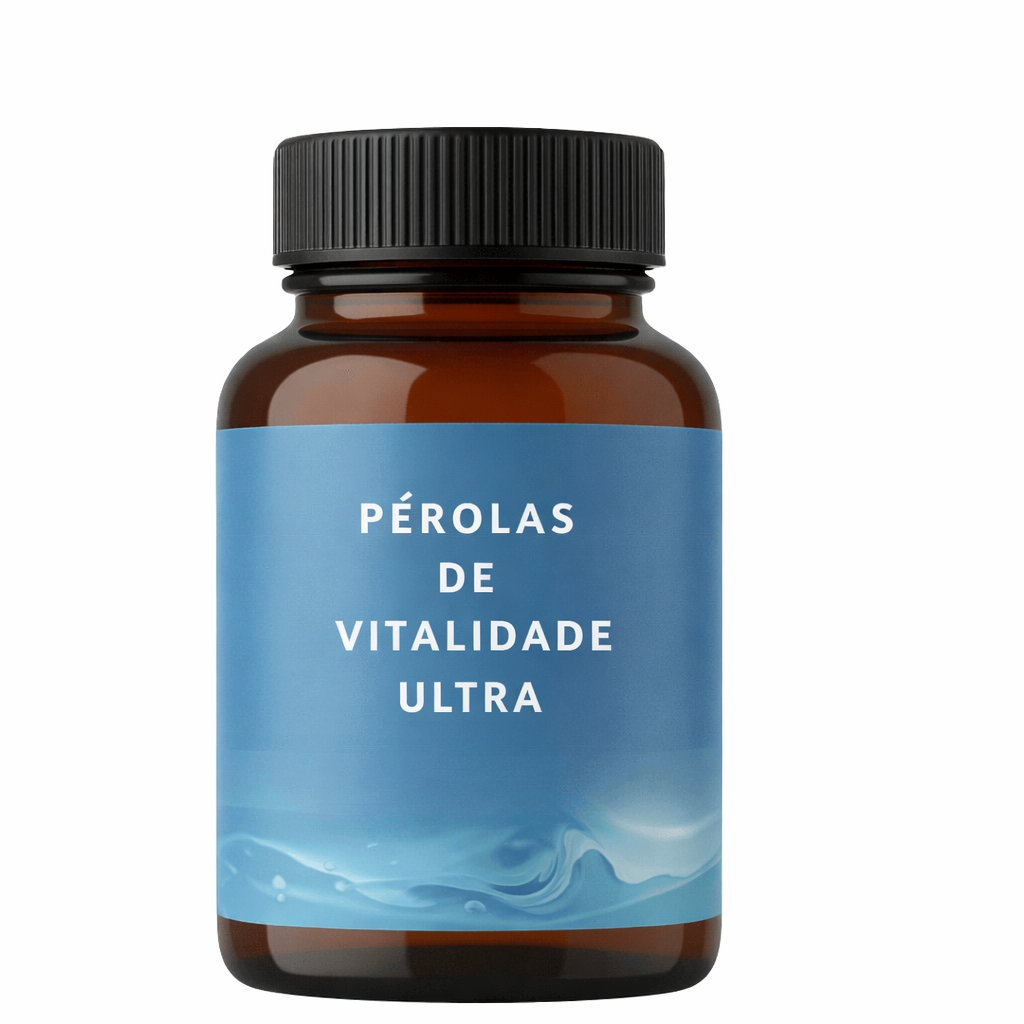 Frasco de Pérolas de Vitalidade Ultra, suplemento cosmético para pele saudável e refinada.