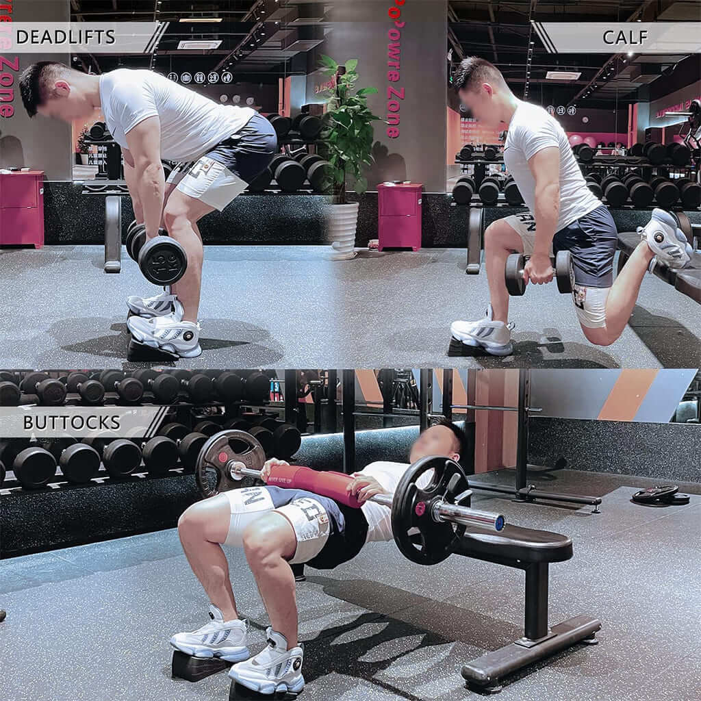 Treino com Pura Natureza FlexRamp, focando em deadlifts, panturrilhas e exercícios para glúteos.