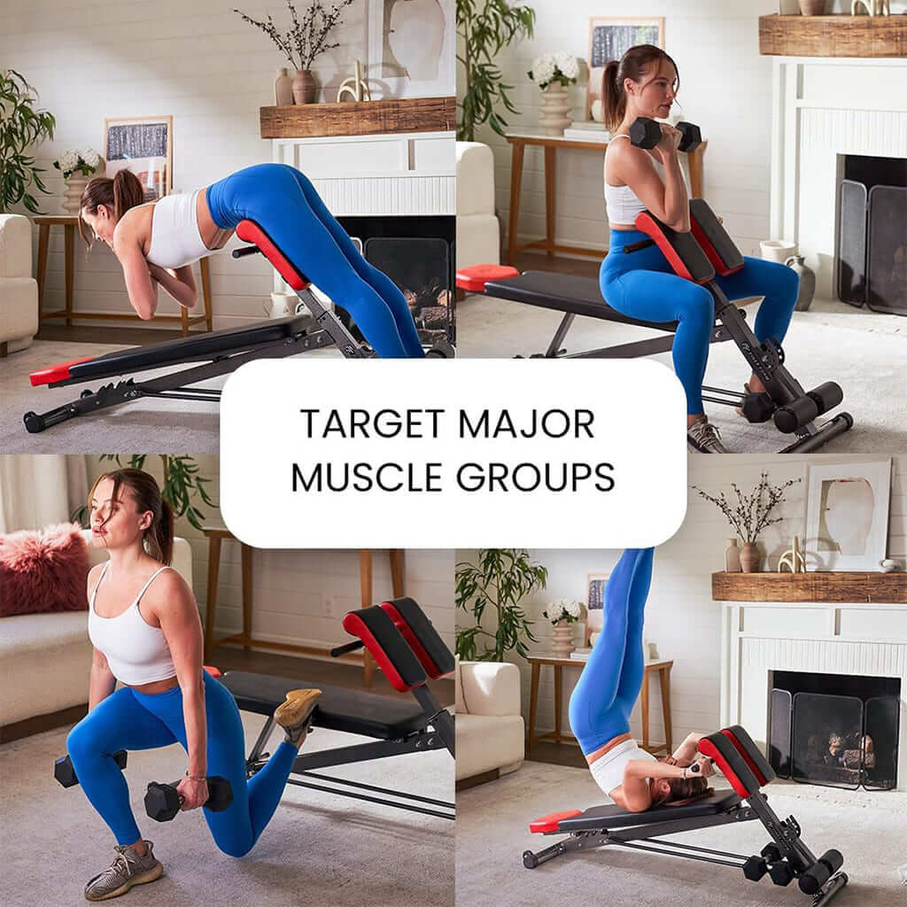 Pura Natureza Banco MultiFuncional usando para exercitar diferentes grupos musculares em casa.