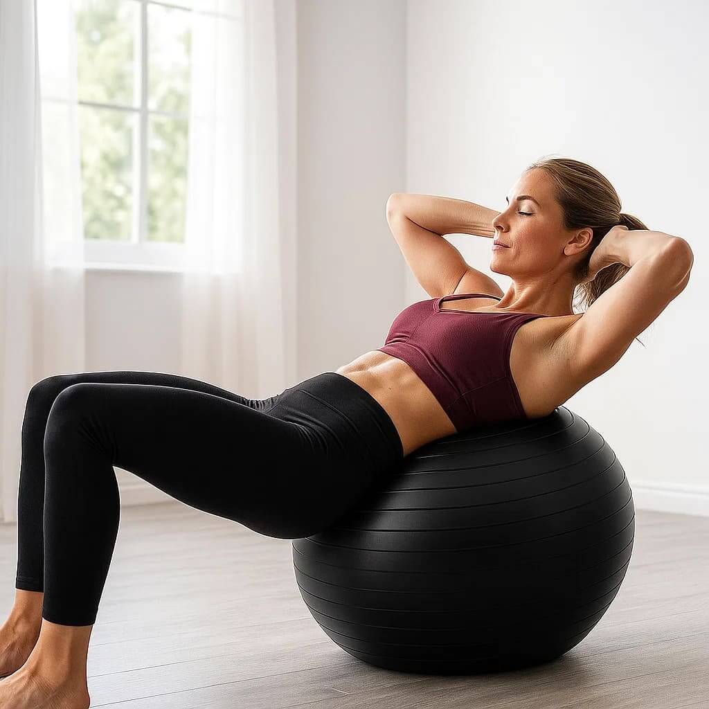 Woman exercising on Pura Natureza EquiliBola, enhancing balance and core strength at home.