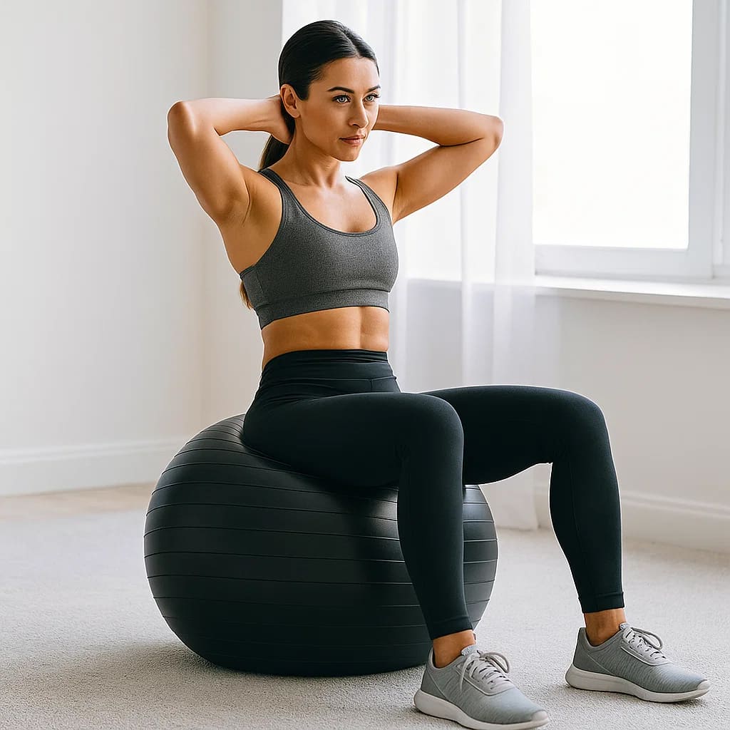 Woman exercising on Pura Natureza EquiliBola for core strength and stability training at home.