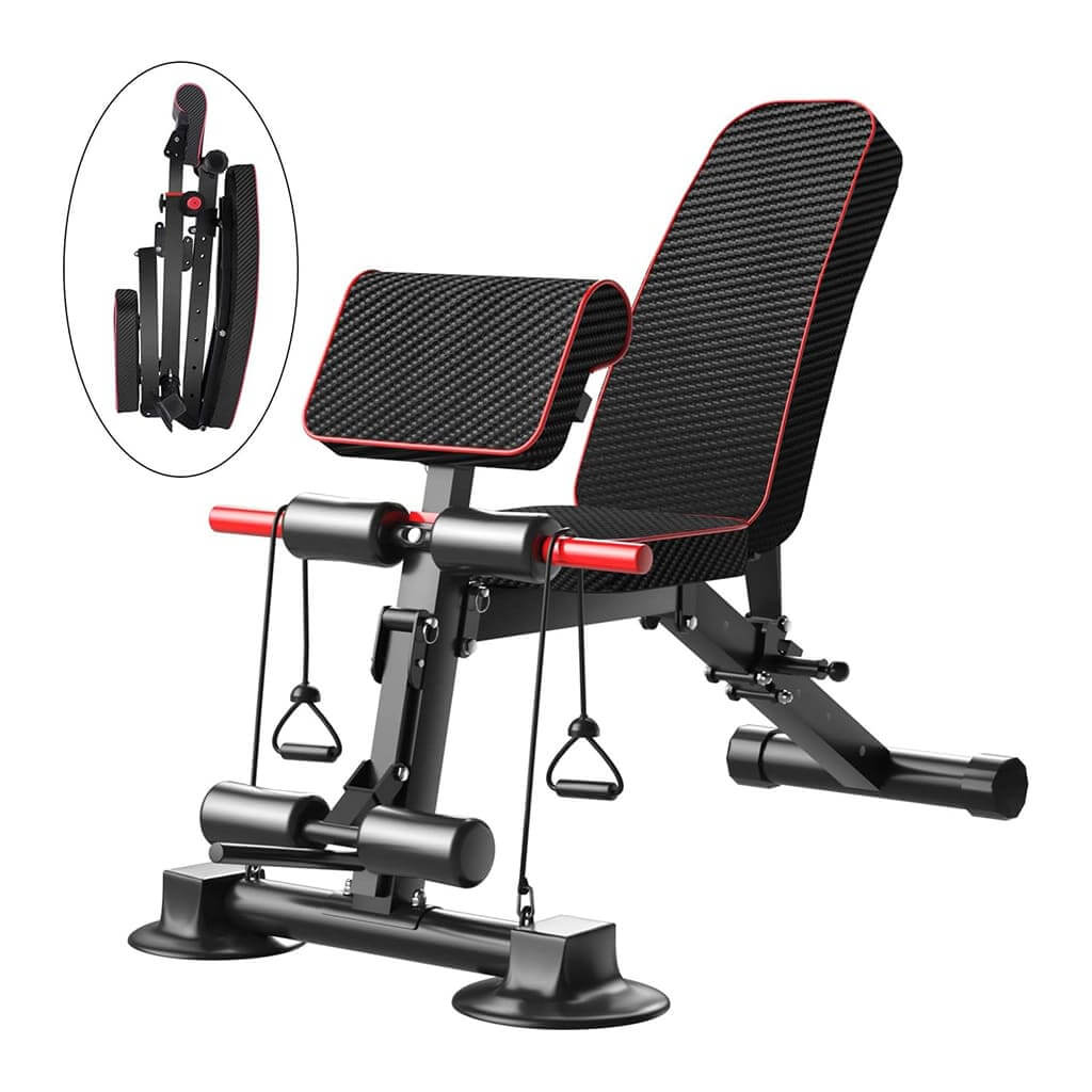Pura Natureza EquilíbrioBench dobrável e ajustável para exercícios em casa com superfície estável e design compacto.