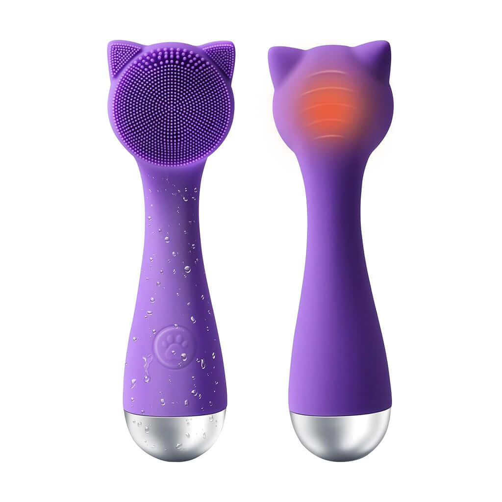 Pura Natureza – Escova Elétrica de Limpeza Facial com design em silicone roxo e modo de vibração.
