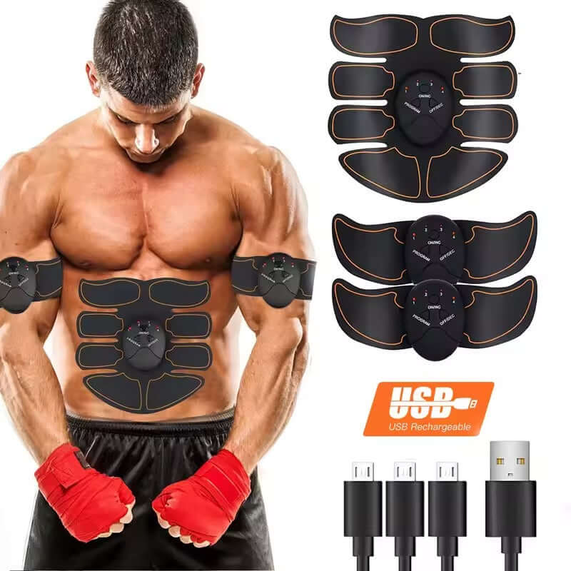 Pura Natureza Estimulador Muscular EMS Sem Fios com design ergonômico e conexão USB, ideal para tonificação muscular.