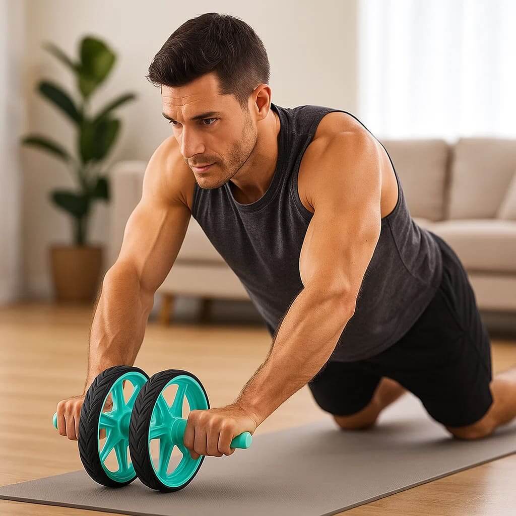 Homem usando a roda de exercício Pura Natureza FlexiAb para treino de core em casa.