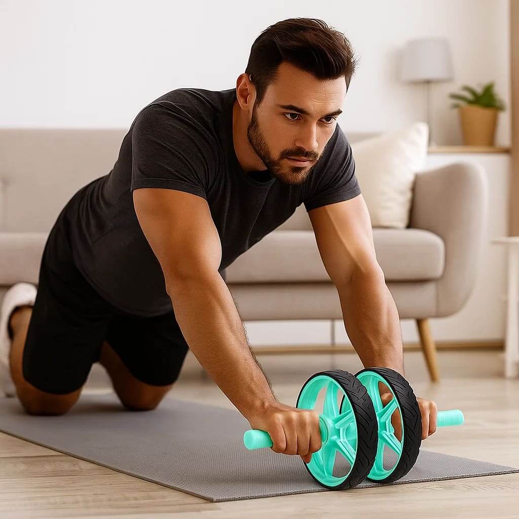 Homem usando a Pura Natureza FlexiAb em treino para fortalecer o core em casa.