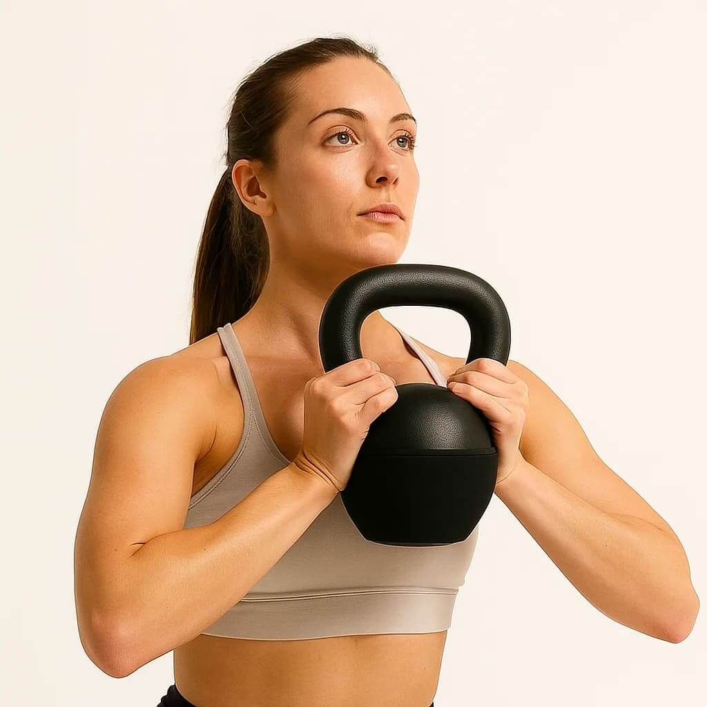 Mulher segurando o Pura Natureza FlexiForma, um kettlebell moderno para treino em casa.