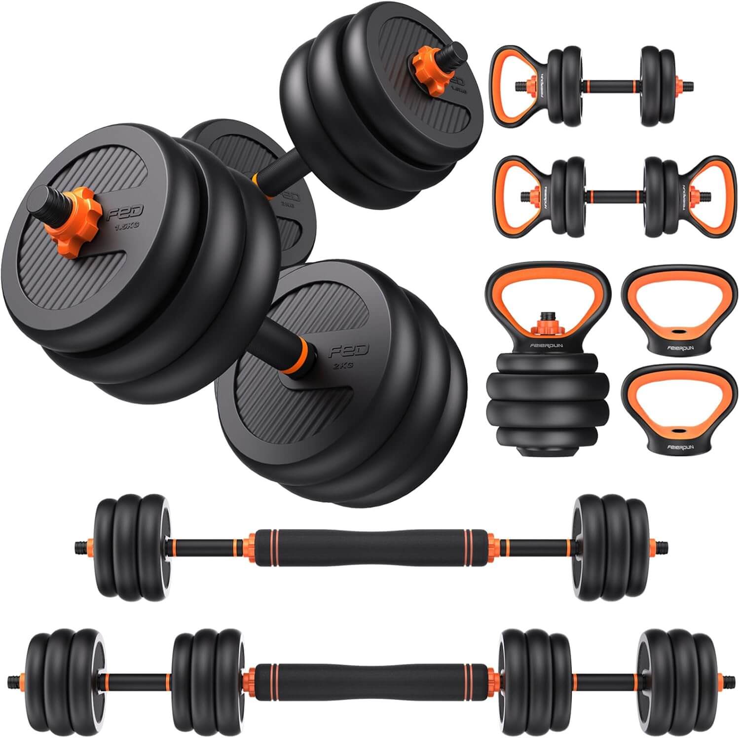 Pura Natureza Força Modular kit multifuncional com halteres, barra, kettlebell e flexor em design ergonômico.