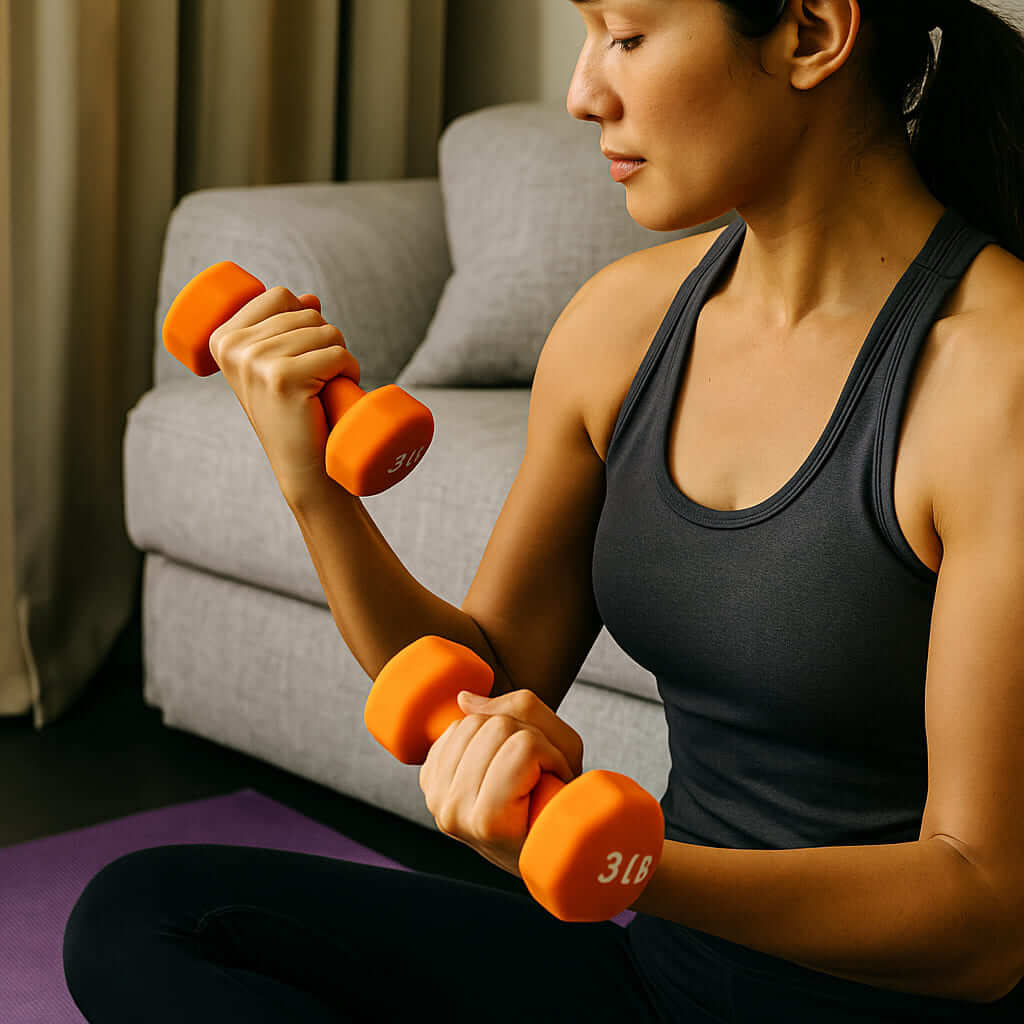 Pura Natureza ForçaFlex mulher usando halteres laranjas para fortalecer mãos e dedos durante o treino.