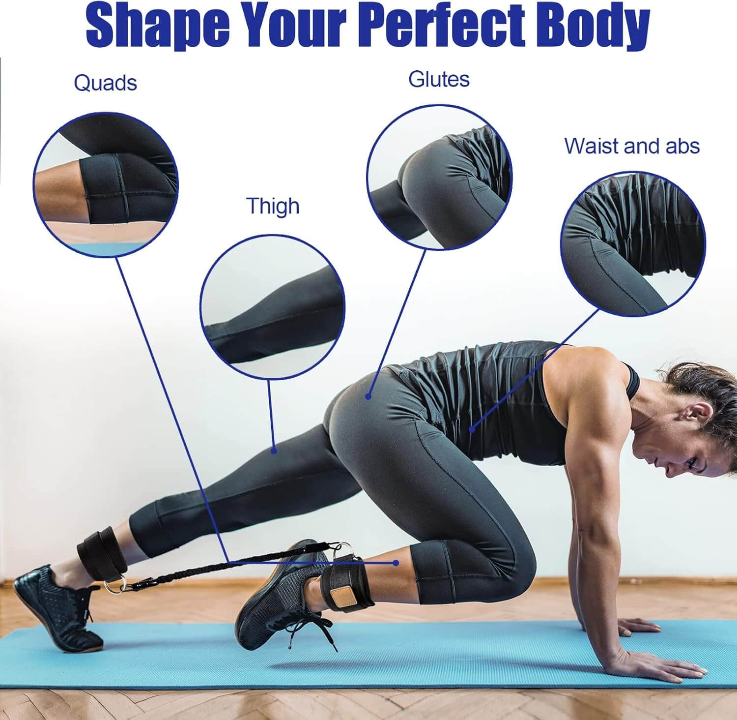 Woman using Pura Natureza GluteStrap for lower body workout targeting glutes, thighs, and abs.