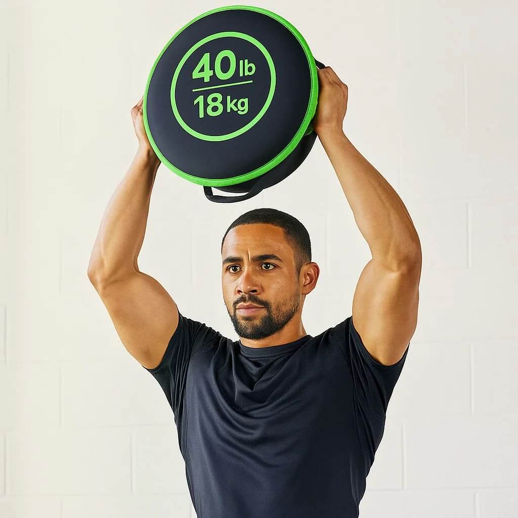 Homem levantando um halter ajustável de 40lb, Pura Natureza PesoFlex para treinamento de força.