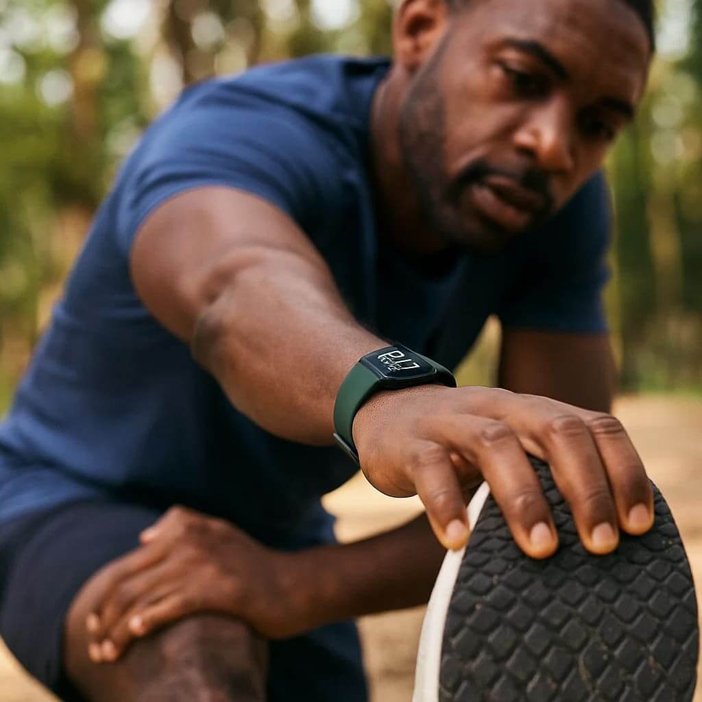 Pura Natureza RitmoVivo smartwatch on a man's wrist during a workout, promoting fitness and well-being.