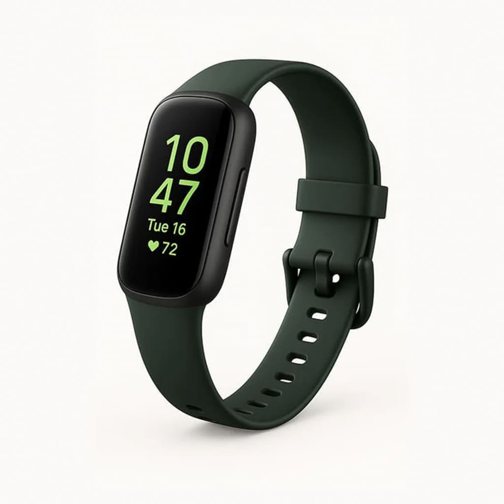 Pura Natureza RitmoVivo smartwatch with display showing time, date, and heart rate on a green strap.