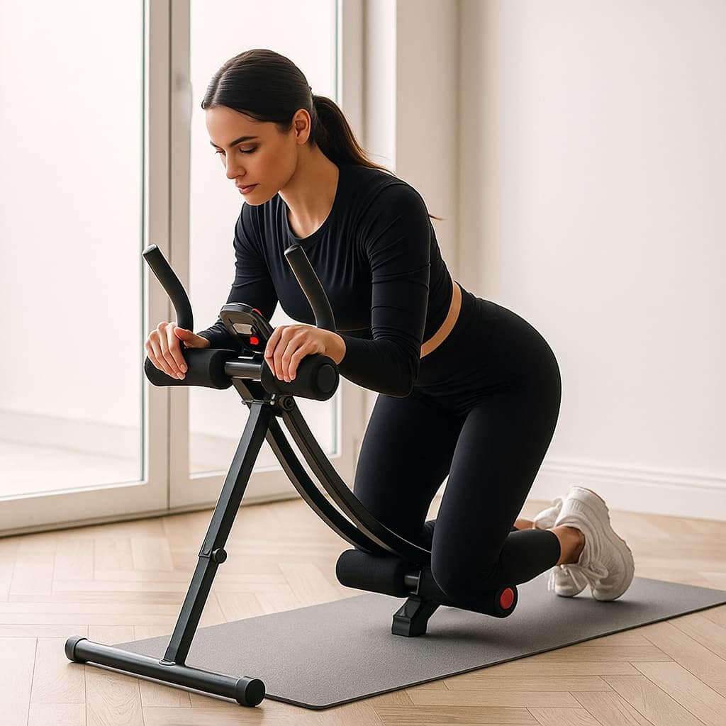 Mulher usando a Pura Natureza RodaCor em um treino de core em casa, tonificando abdominais e costas.