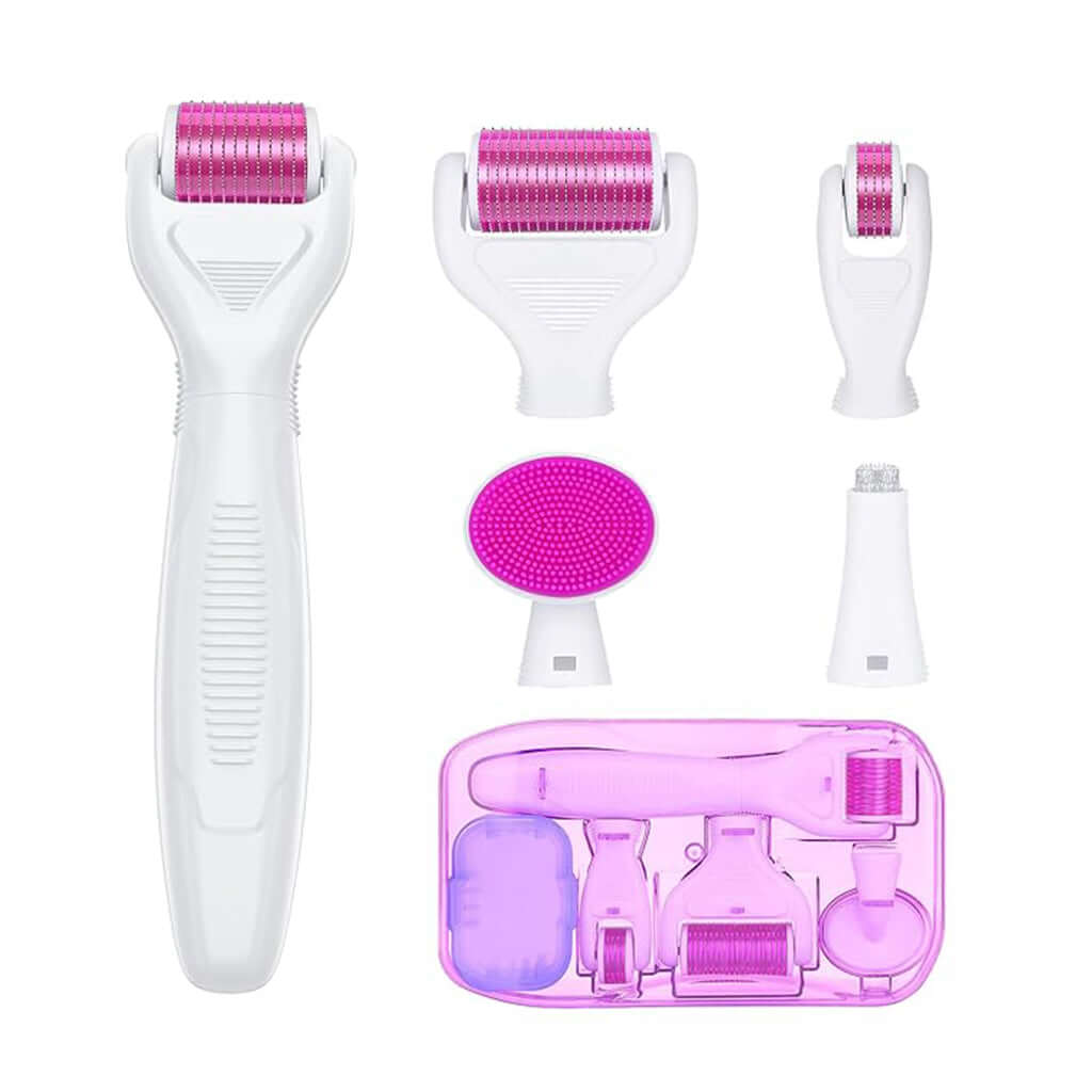 Pura Natureza – Rolo de Microneedling para Rosto e Corpo com acessórios diversos em embalagem rosa