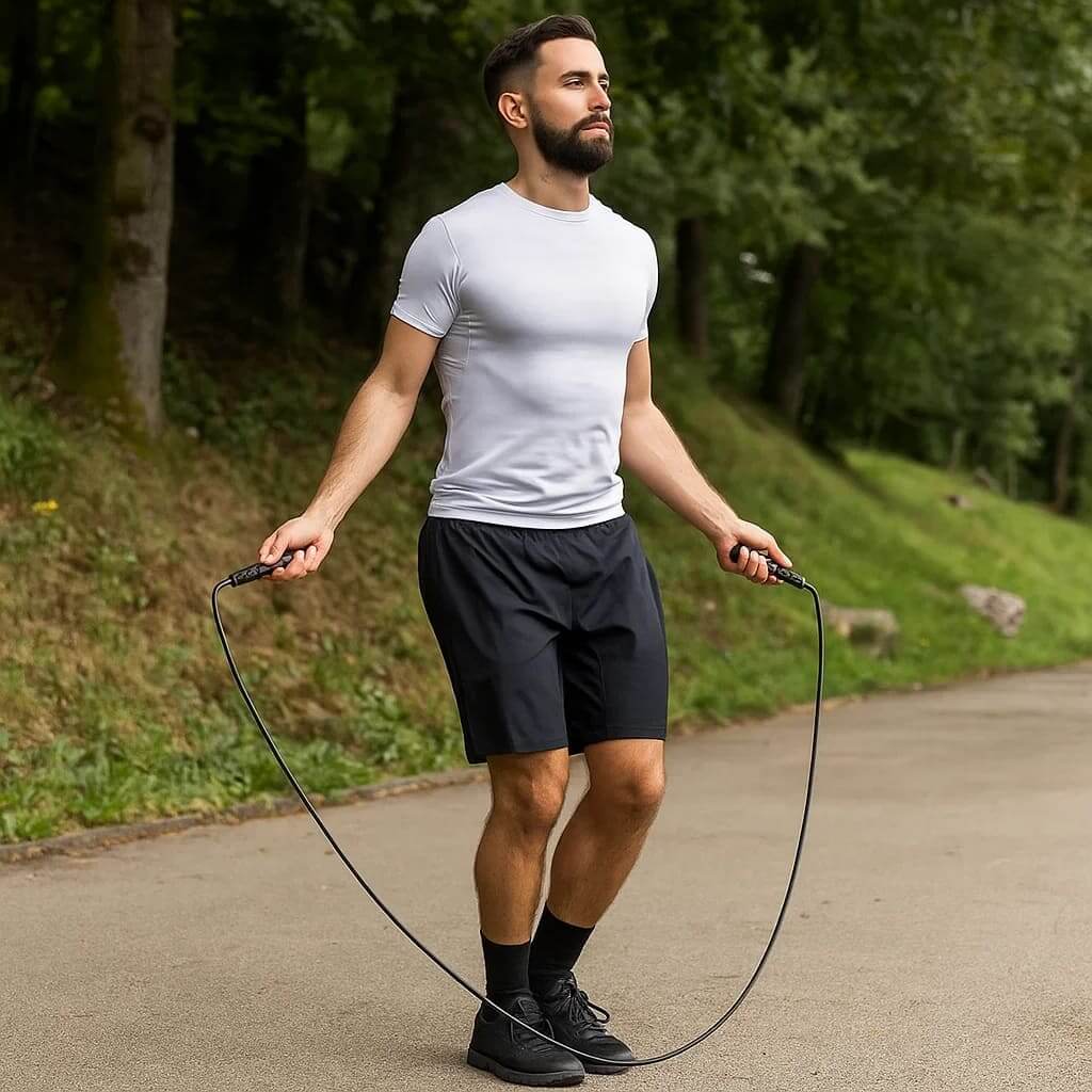 Homem usando Pura Natureza SaltaRitmo para treino de cardio e resistência em ambiente ao ar livre.