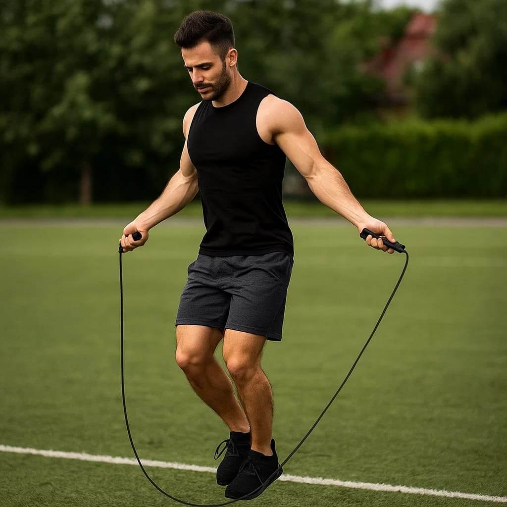 Pura Natureza SaltaRitmo in use by a man skipping rope on a field, showcasing cardio training and agility.