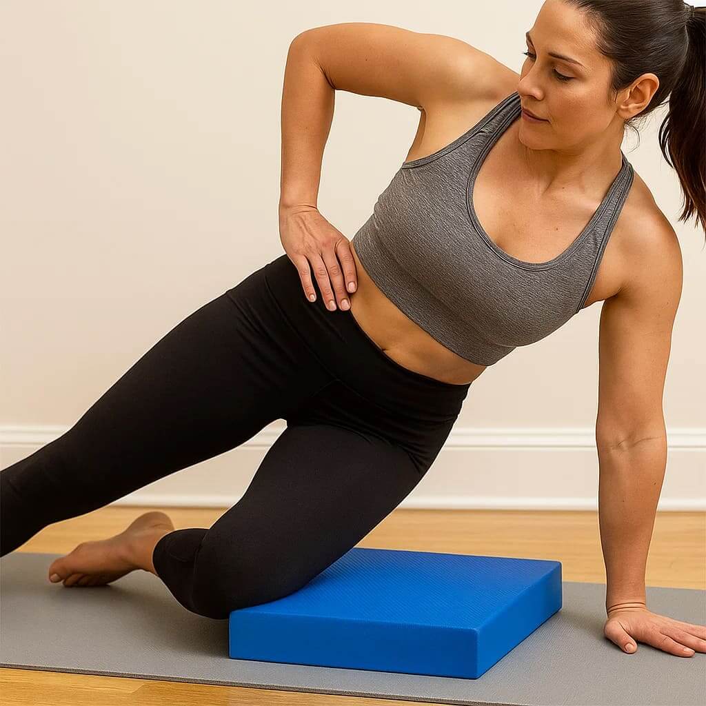 Pura Natureza SubiForma em uso para treino funcional, fortalecendo pernas e glúteos com step ajustável.