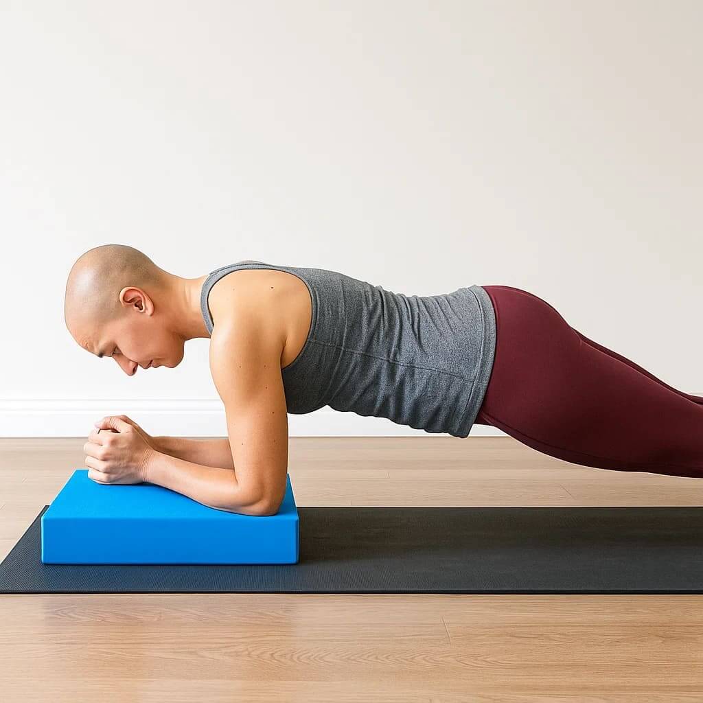 Pura Natureza SubiForma: Mulher realizando exercício de prancha sobre step ajustável azul em ambiente de treino.